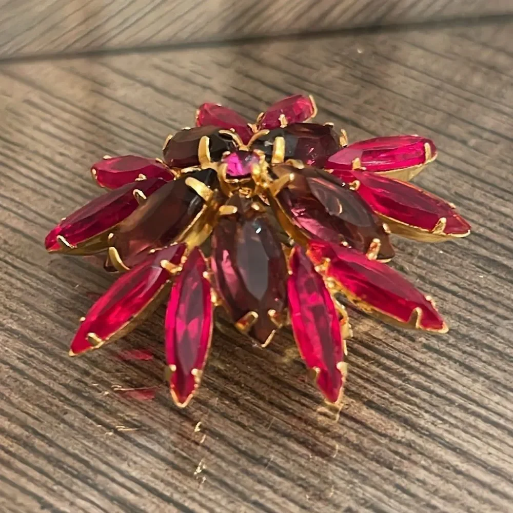 Vintage Floral Rhinestone Pin Red, Purple and Pin